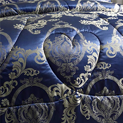 Raytrue-X Comforter Set Satin Silk Blanket All Season Bed Luxury Royal Blue Jacquard Quilt Bedding Sets Matching 2 Pillow Shams (Full/Queen, 88x88 inches, 3 Pieces) Raytrue-X