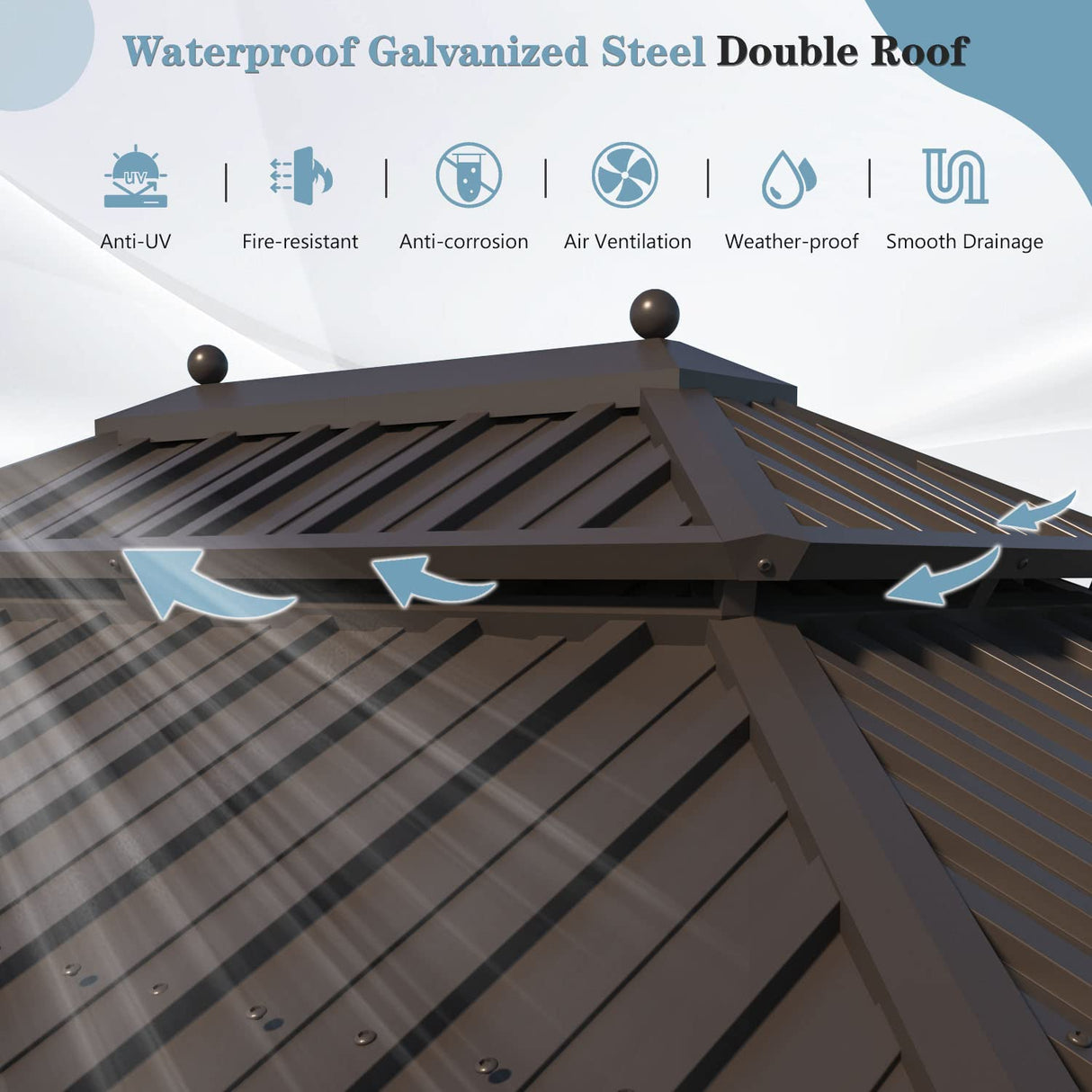 MELLCOM 10' x 12' Hardtop Gazebo, Brown Permanent Pavilion Gazebo with Curtains and Netting, Galvanized Steel Metal Double Roof Aluminum Gazebo with Aluminum Frame for Patio, Lawn & Garden MELLCOM