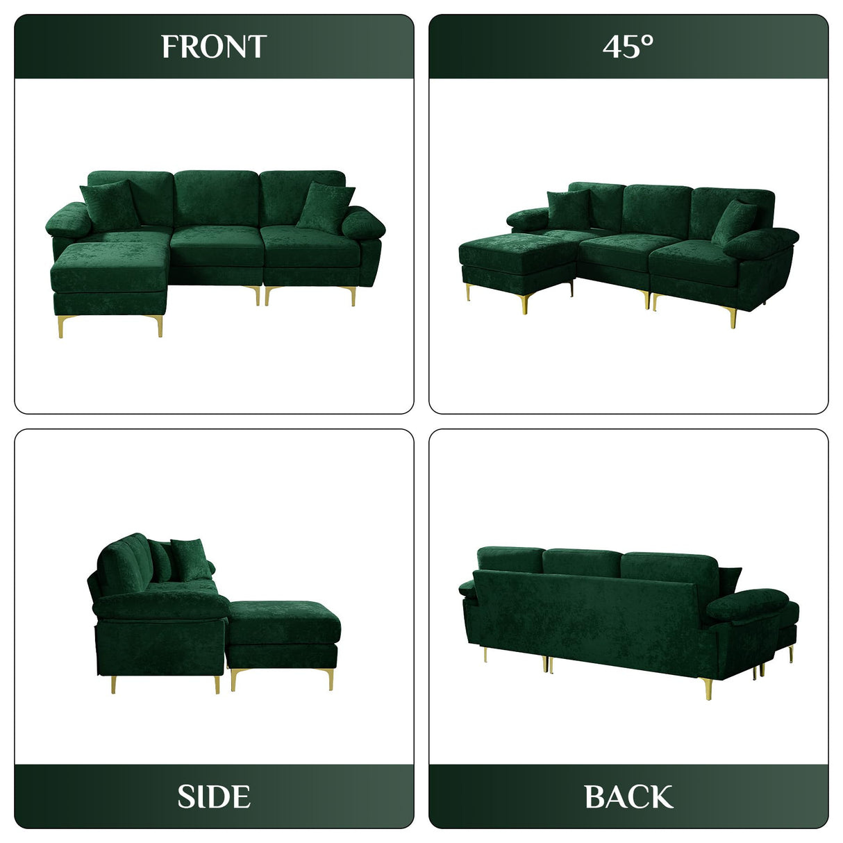 OUYESSIR L Shaped Sectional Sofa Couch, 3 Seat Velvet Sofa with Ottoman and Pillows, Upholstered Comfy Couch Sleeper for Living Room, Bedroom, 91 inches (Green) OUYESSIR