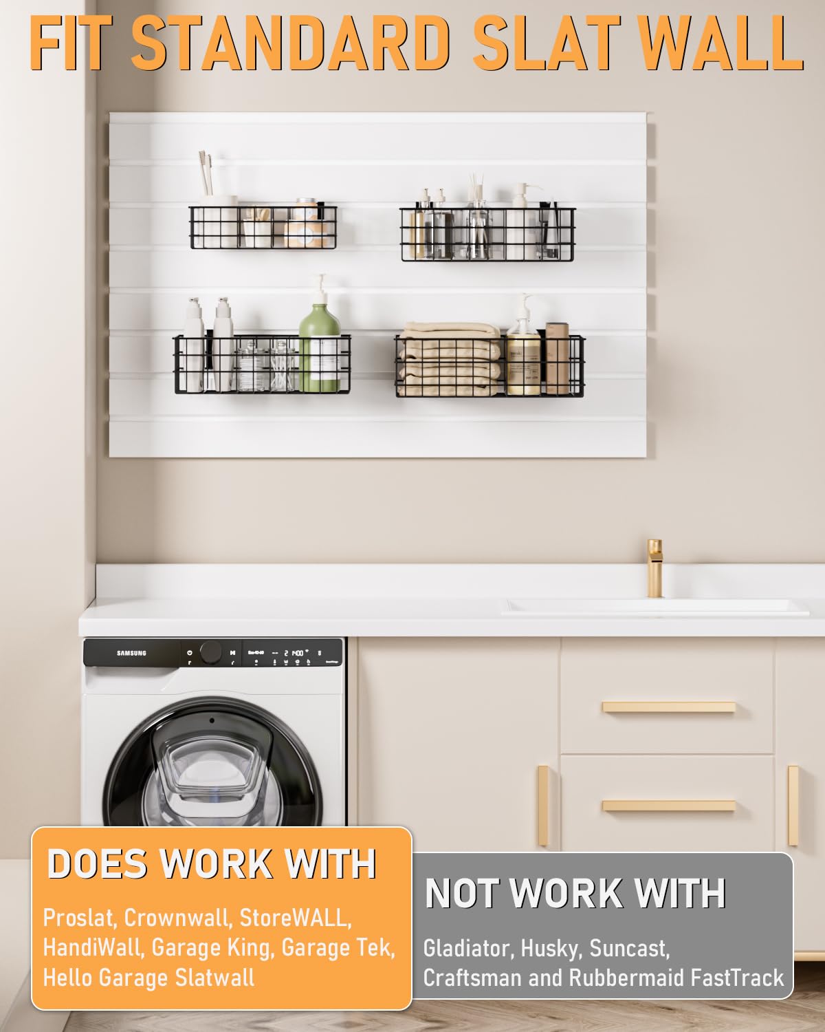 INCLY 4 Pack Black Slatwall Baskets Set, Ventilated Metal Hanging Storage Slat Wall Basket, Mounted Slatwall Accessories for Garage Rooms Shops Storage Organizing Display on Slatwall Panels INCLY