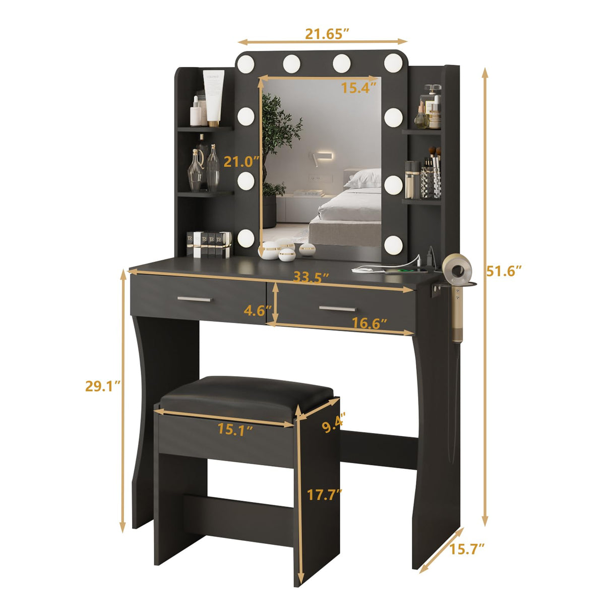 Vanity Desk with Lights,Makeup Vanity with Power Strip,Dressing Table Set with 2 Large Drawers,Vanity Mirror 3 Lighting Color Adjustable,Black Vabches