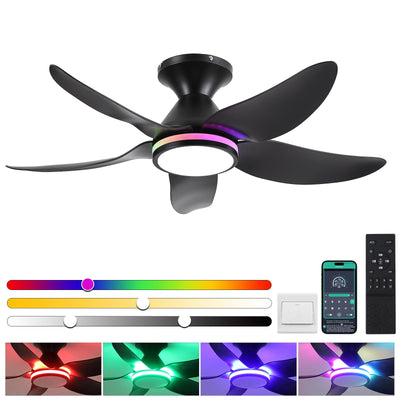 Kviflon Ceiling Fans with Lights Remote/APP Control, 38" Low Profile Ceiling Fans with Dimmable White Colors+ RGB Ring Lights, 6 Speeds 5 Reversible Blades for Kids Room Bedroom Living Room, Black