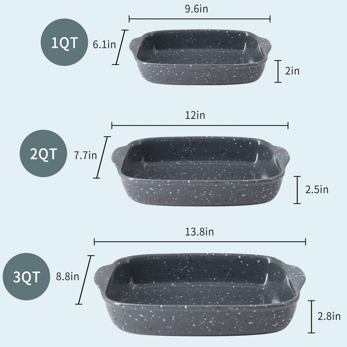 KROKORI Ceramic Bakeware Dish Set of 3, Rectangular Baking Casserole for Oven,High Heat Resistant,Lasagna Pan Deep with Handles,Handcraft Speckle Series (13.8''/12''/9.6''Grey) Krokori