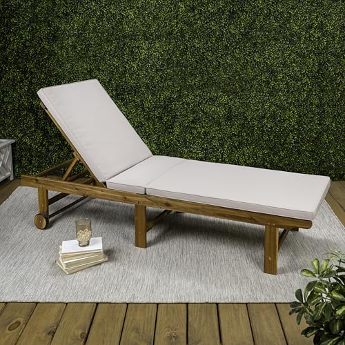 JONATHAN Y LNG1102A Mallorca 77.17"x23.62" Modern Classic Foldable Adjustable Wood Chaise Outdoor Lounge Chair with Cushion & Wheels, for Pool, Deck, Poolside, Beige/Natural