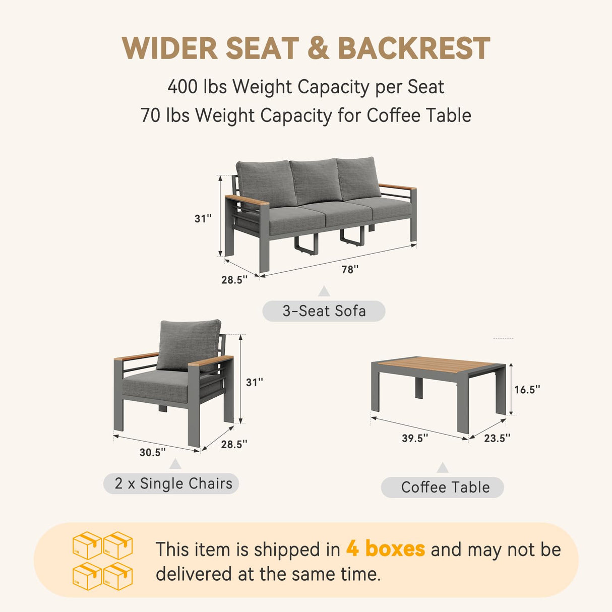 Aluminum Outdoor Patio Furniture Set, 5 Seats Outdoor Sectional with Coffee Table (3-Seater and 2 Single Seats) Aoxun