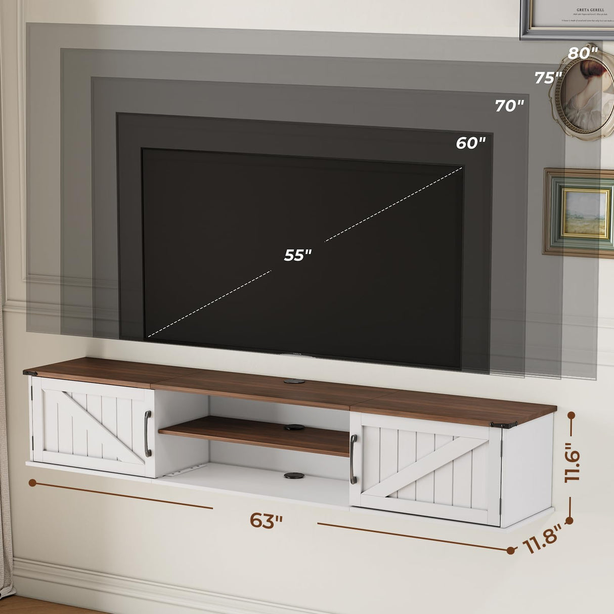 Floating TV Stand with Doors, 63'' Farmhouse Floating TV Shelf for TVs up to 80 Inch, 2 Tier Wall Mounted TV Stand, Floating Entertainment Center, TV Floating Cabinet for Living Room, Bedroom, White ALLSTAND