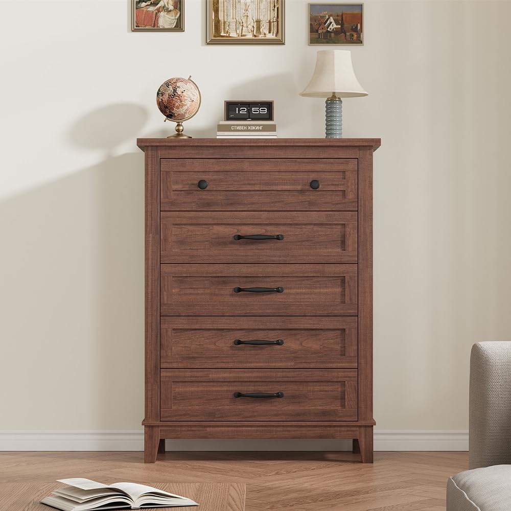 GarveeHome 5 Dresser for Bedroom, 41.3 in Tall Vertical Drawer Dresser with Large Storage, Freestanding Wooden Closet Chest for Bedroom, Living Room, Walnut GarveeHome