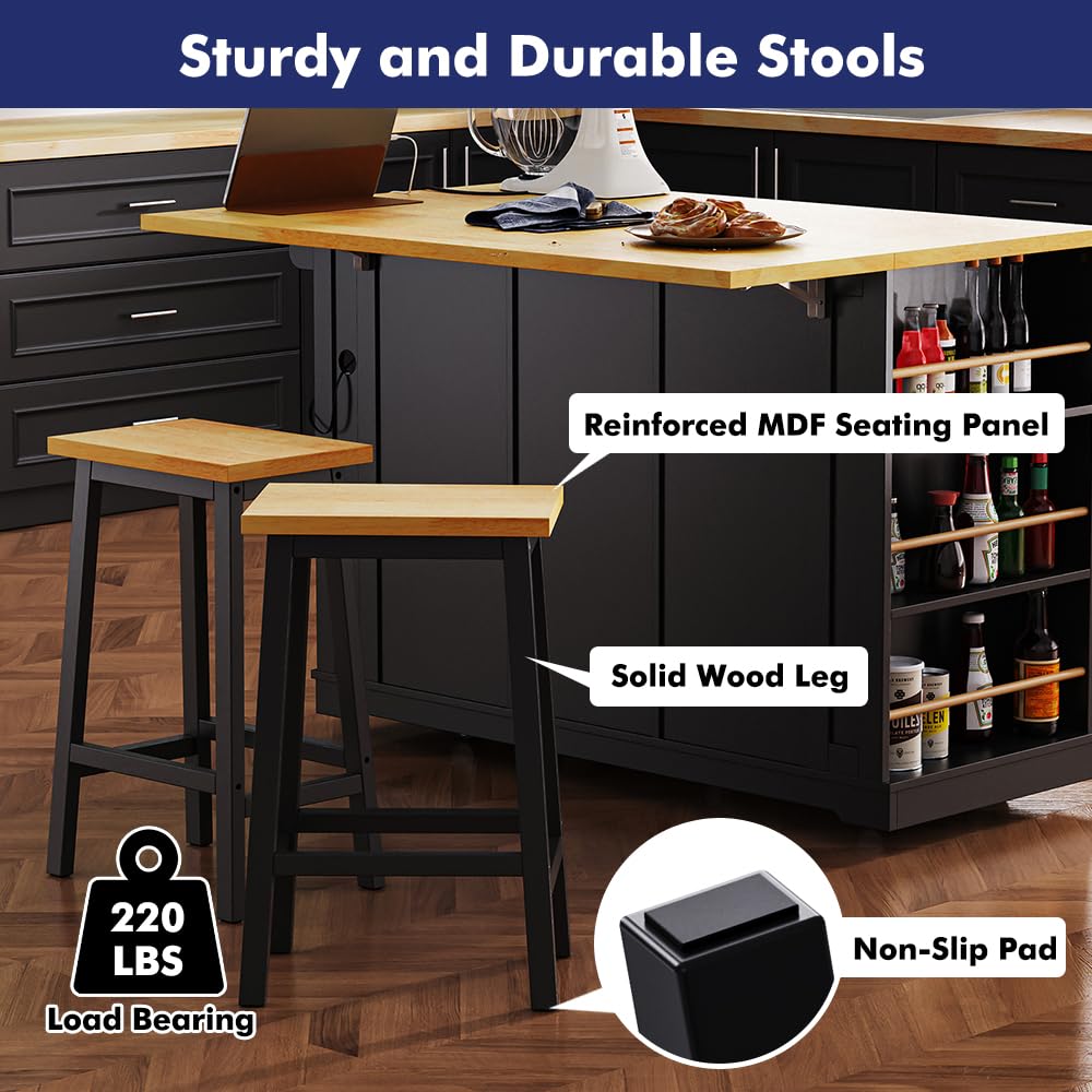 Kennkari Rolling Kitchen Island on Wheels with Drop Leaf and Seating, Wide Moblie Kitchen Island with Storage Cabinets and Power Outlet, Large Island Table with 2 Bar Stools (Type V. Black) Kennkari