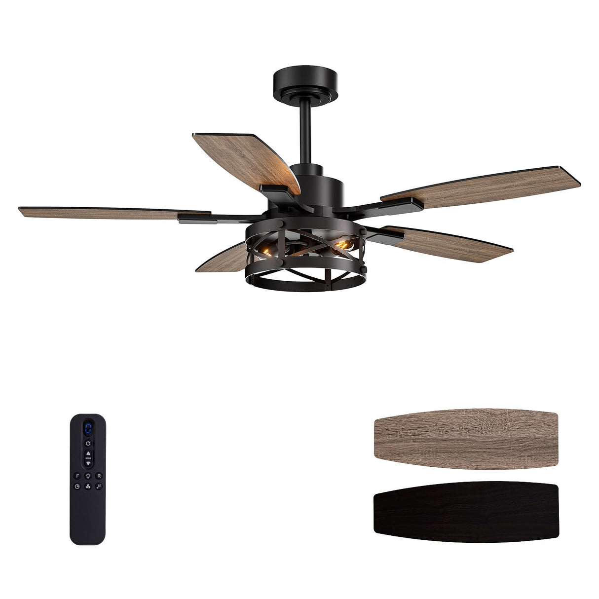 52 Inch Ceiling Fans with Lights and Remote & APP Control, Farmhouse Ceiling Fan with LED Lighting for Bedroom Living Room and Patio, Black Caged Ceiling Fan for Indoor and Outdoor(NO BULBS) YouthDream