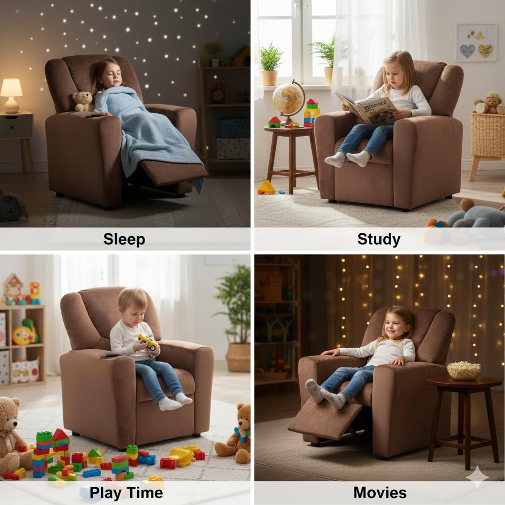Naomi Home Suri Kids Recliner Chair with Cup Holder & Footrest, Brown Microfiber - Cozy Lounge for Toddlers & Children Naomi Home
