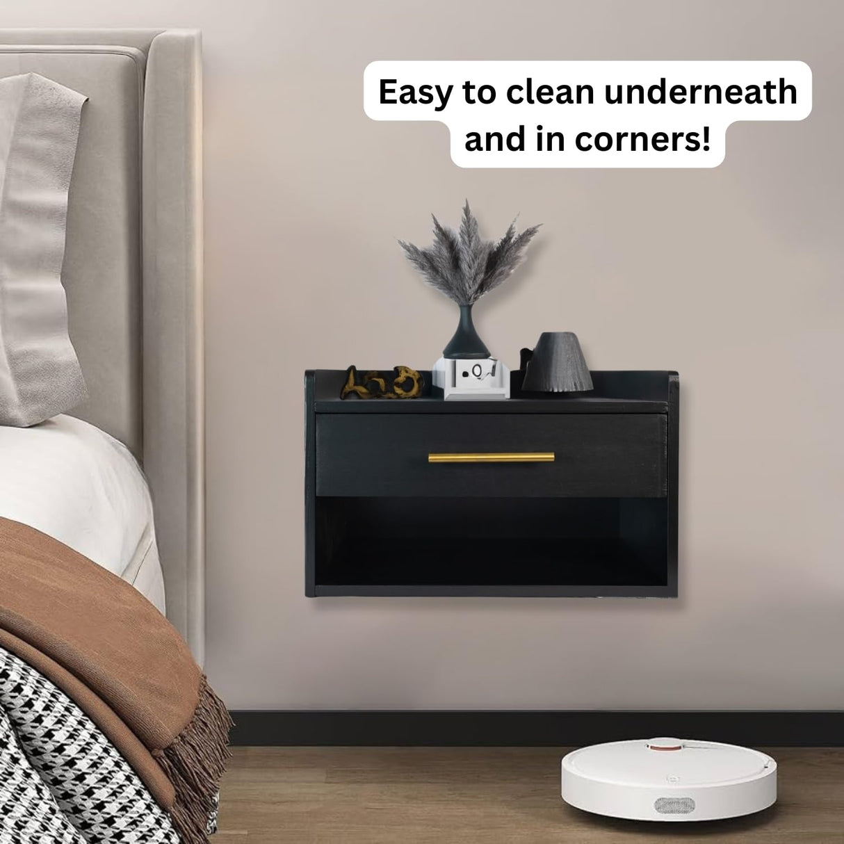 TSG Modern Floating Nightstand with Drawer, Black Wood Finish, Modern Night Stand with Gold Hardware, Enclosed Drawer and Open Shelf, Easy Assembly & Install, Strong Bamboo with Top Shelf Edge Guard TSG Modern