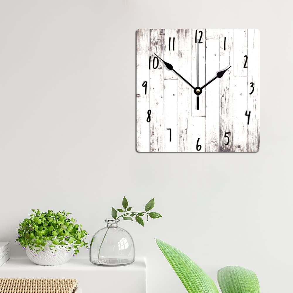 ArogGeld Shabby Chic White Wood Wall Clock Rustic Farmhouse Barn Square Wood Clock 10 Inch Silent Non-Ticking Wooden Wall Clocks Battery Operated Living Room Bedroom Kitchen Farmhouse Decor Birthday ArogGeld