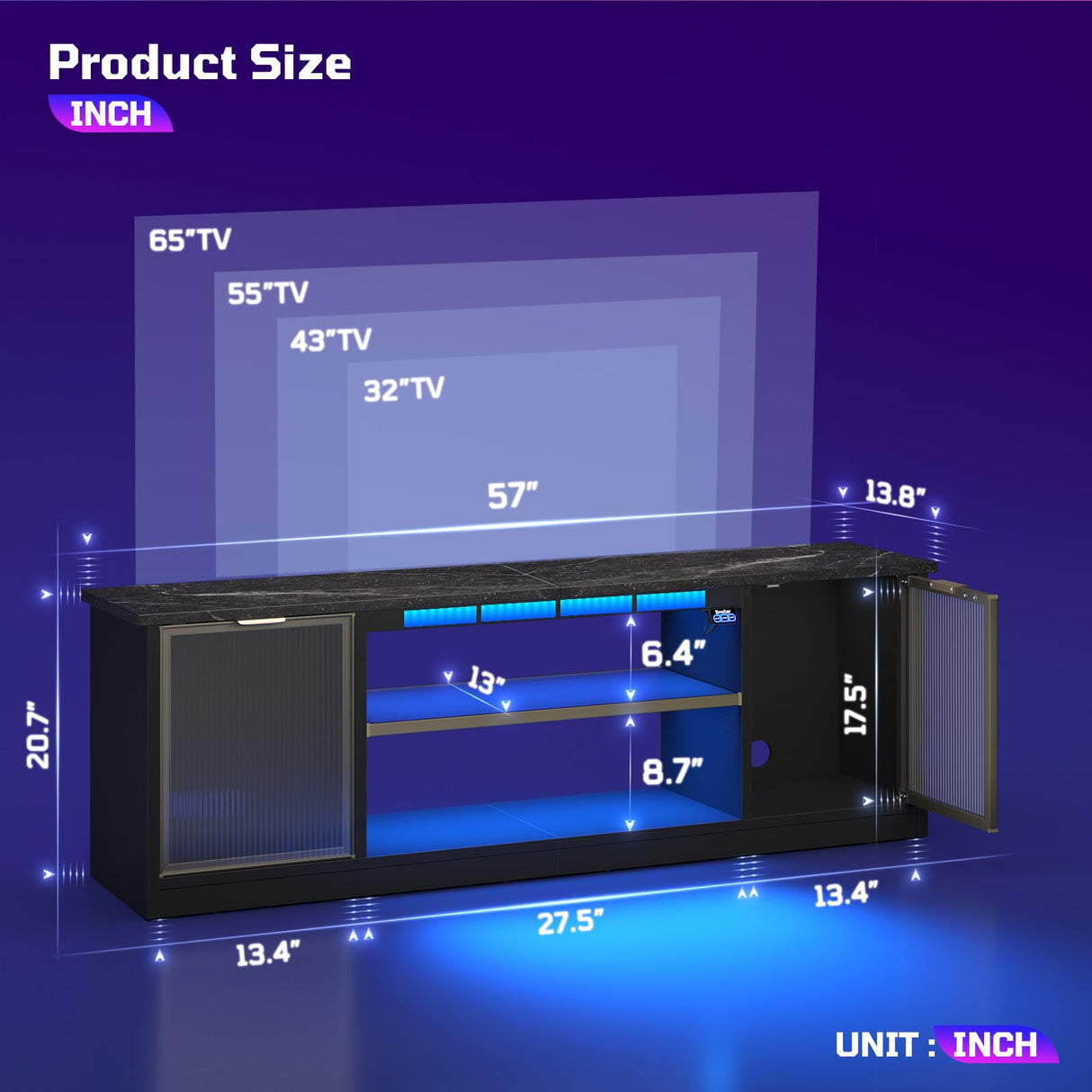 Bestier Gaming TV Stand with Music Sync Light, Flow Vibe Entertainment Center with Storage for PS5 Xbox, RGB LED Party Modes Television Stands for 50/55/60/65 inch TV (Black Marble, 57 inch) Bestier