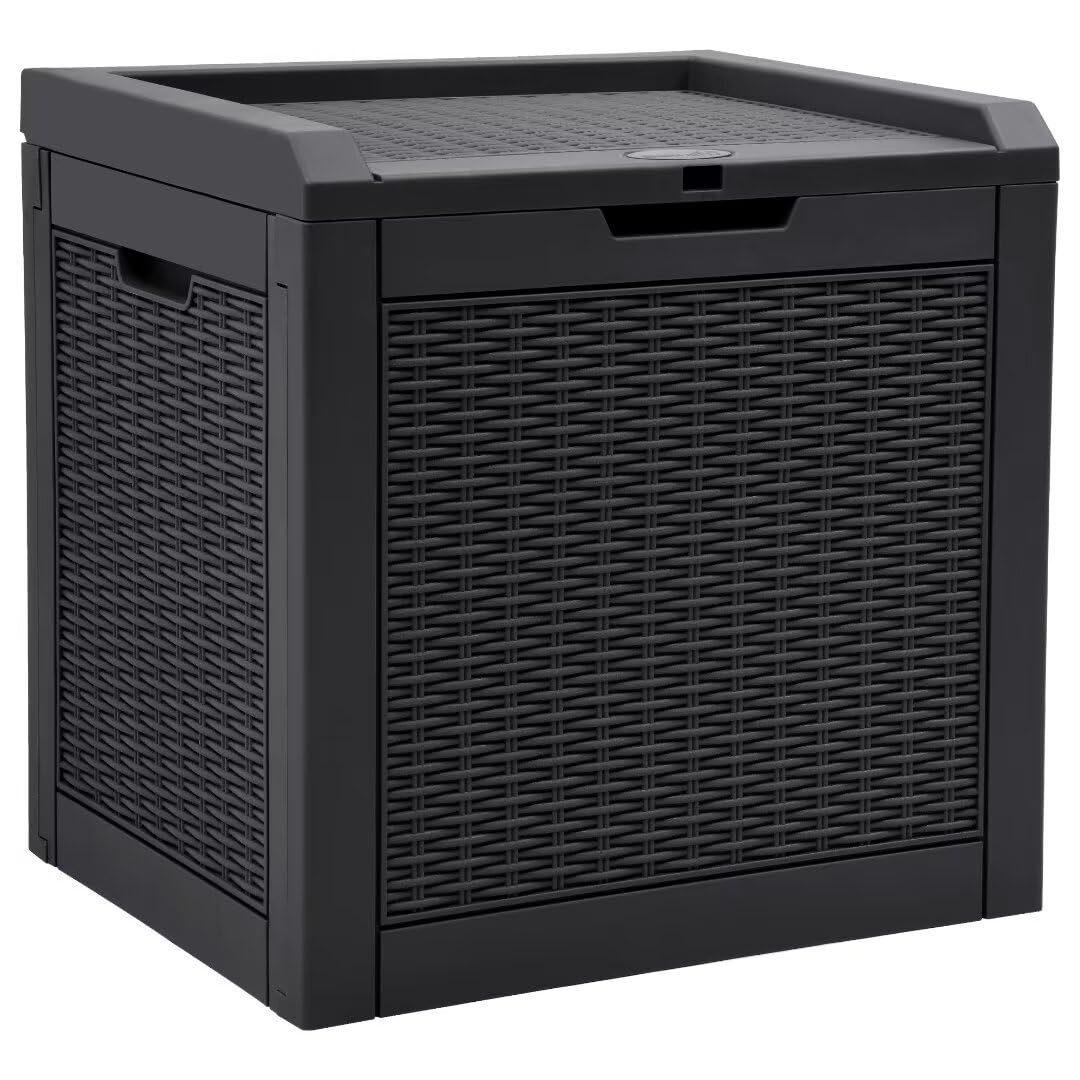 YITAHOME 32 Gallon Rattan Deck Box, Indoor Outdoor Storage Box for Patio Furniture, Pool Accessories, Cushions, Garden Tools, Sports Equipment, Waterproof Resin with Lockable Lid & Side Handles, Black YITAHOME