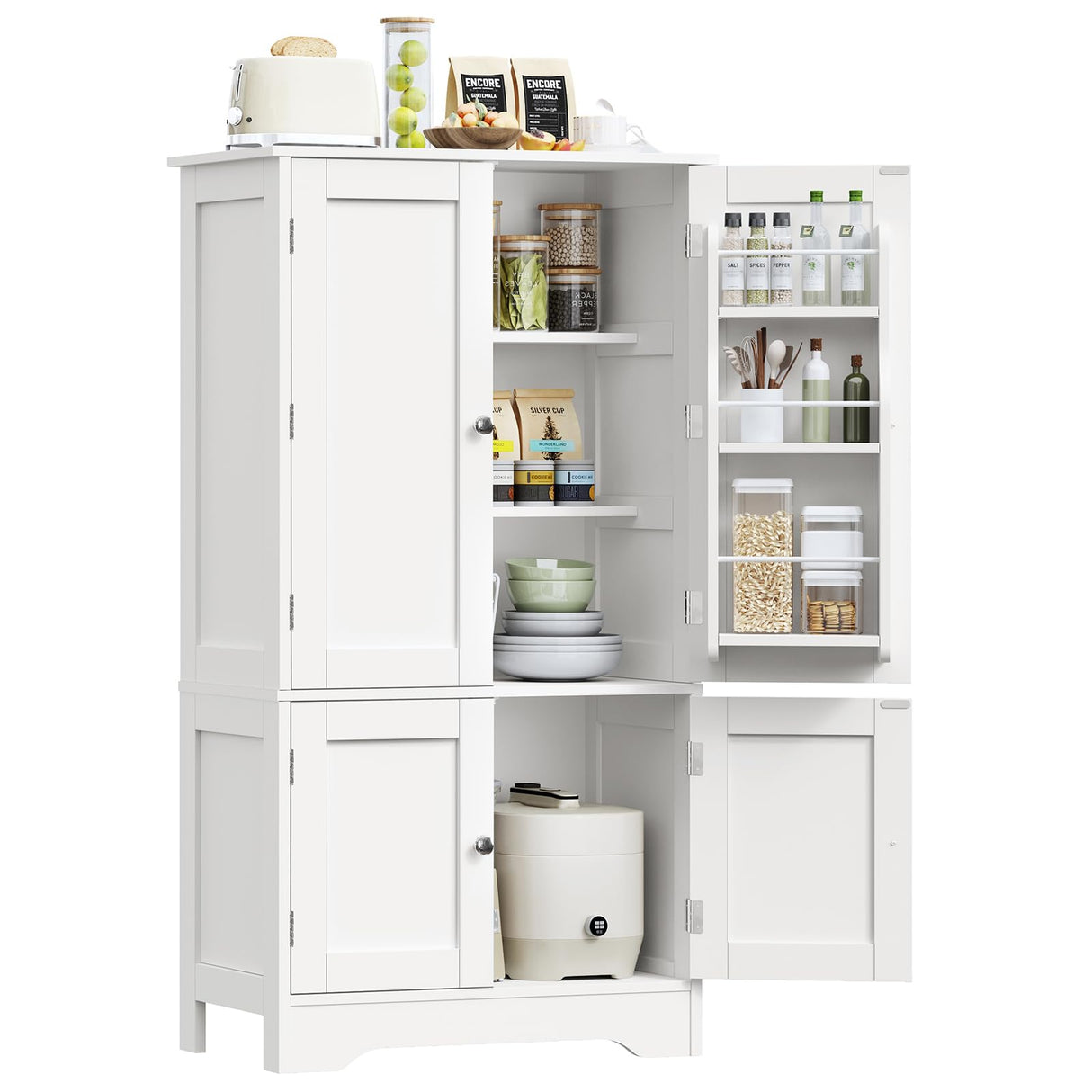 TEENFON 43'H Pantry Cabinet with 4 Doors, Kitchen Cabinet with 6 Door Shelves, Kitchen Pantry for Living Room, Dining Room, Bathroom, White TEENFON