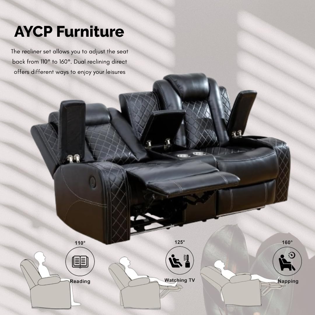 AYCP Furniture Power Recliner Set with LED Lights, Air Leather Reclining Set with USB Port/Wireless Charger/Storage Console/Cup Holder for House/HomeTheater/Apt (Black, Sofa Loveseat) AYCP Furniture