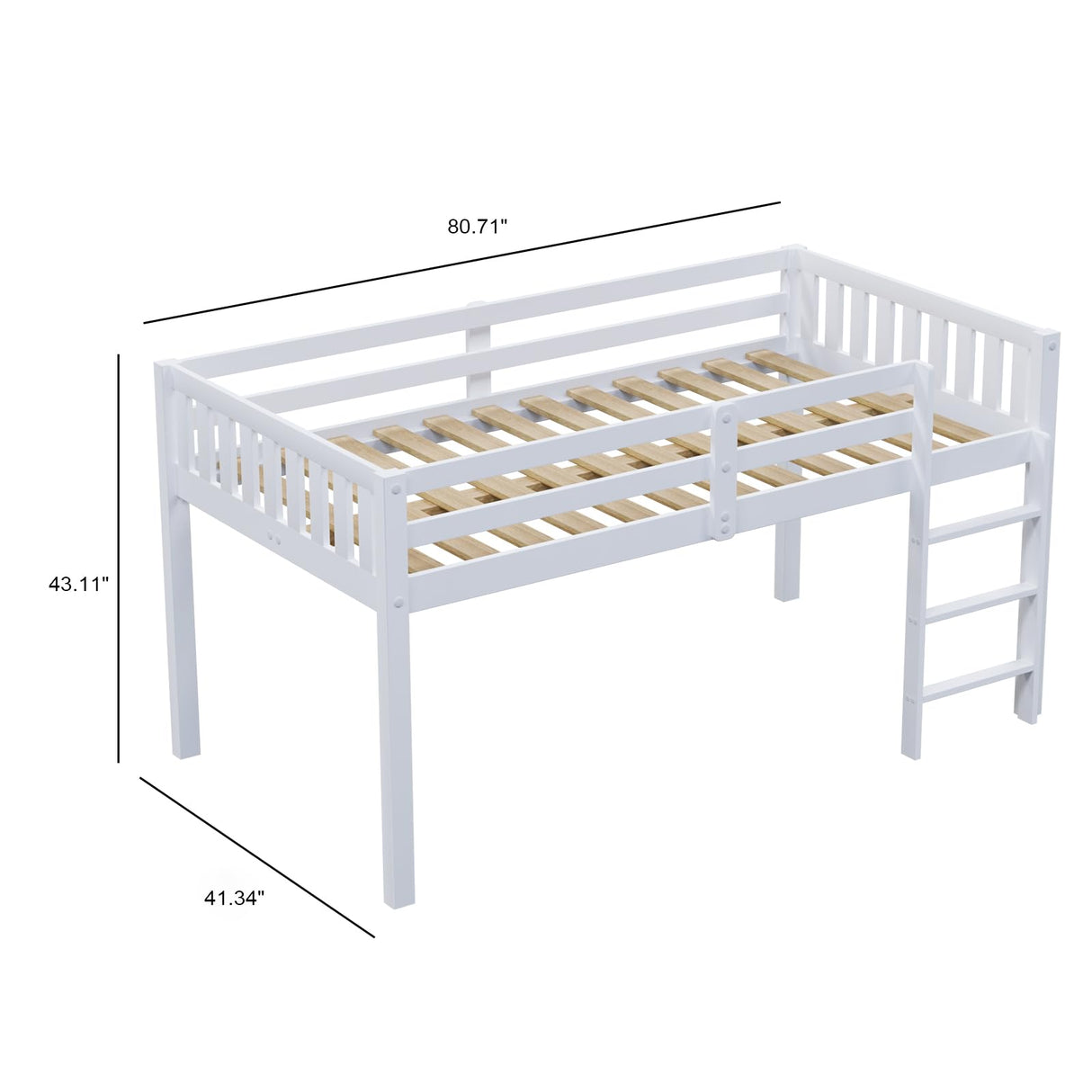 JOYMOR Low Loft Bed Twin Size, Wood Loft Bed Frame for Kids Junior Adults with Full-Length Guardrail and Ladder (Low Loft) JOYMOR