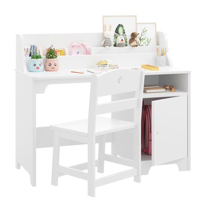 JoanKaren White Kids Desk with Chair, Study Desk for Boys Girls with Hutch, Storage Cabinet, Wooden Children Study Table, Student Writing Desk Computer Workstation for Kids Bedroom & Study Room,White