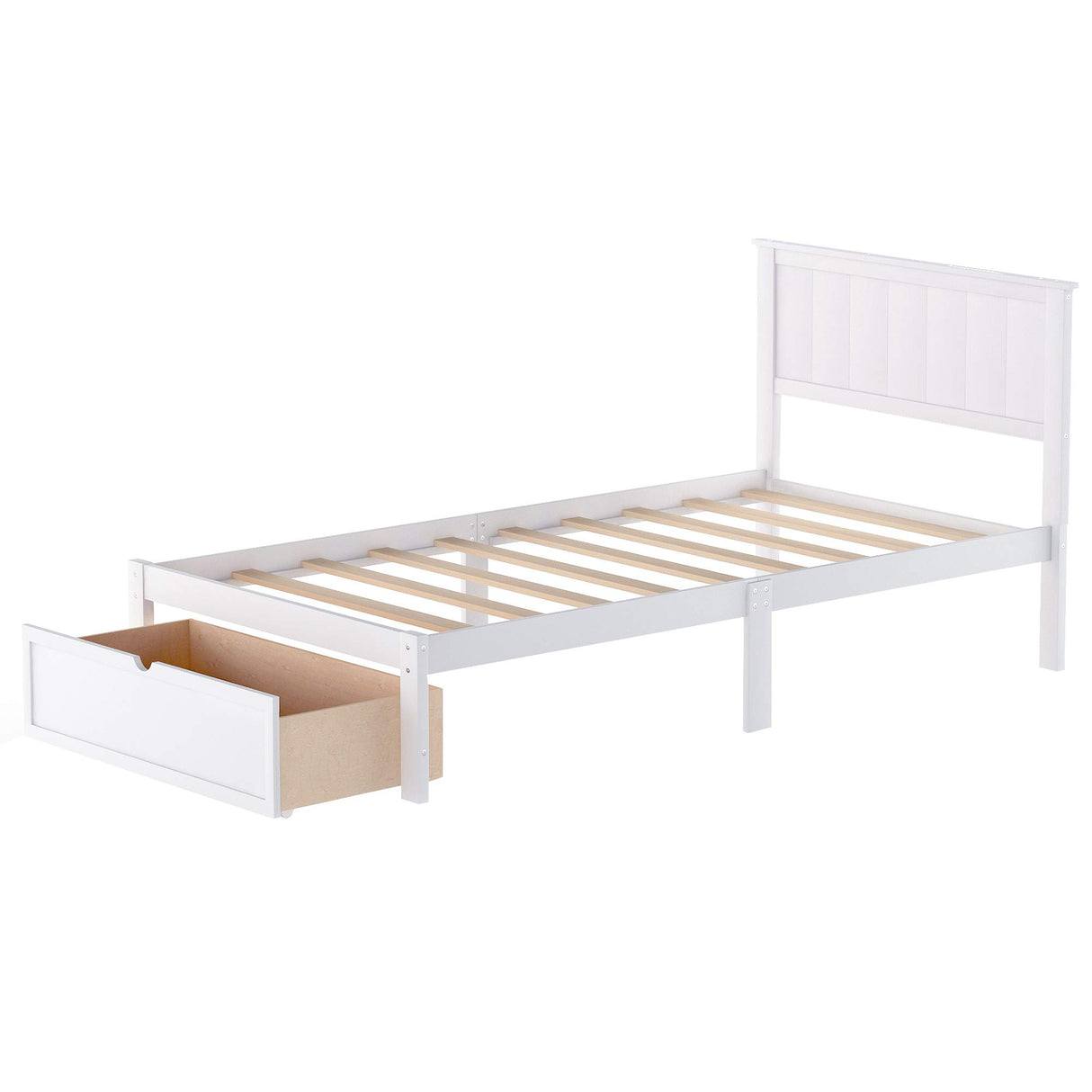 P PURLOVE Twin Size Bed Frame with Storage Drawer,Wood Platform Bed Frame with Headboard and Slat for Kids,White P PURLOVE