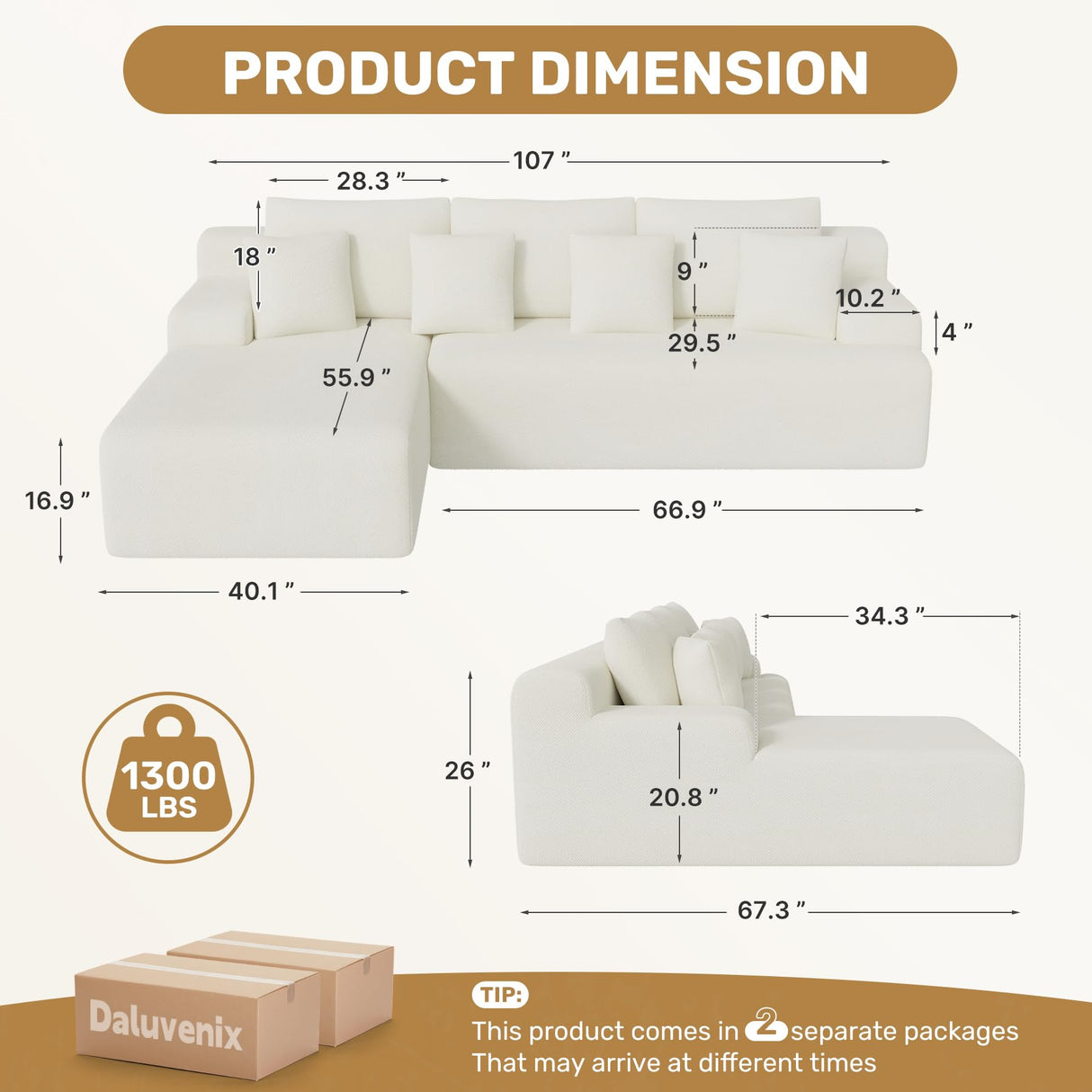 Daluvenix 107" Modern Boneless Couch with L - Shaped Chaise, Comfy Chenille Modular Sectional Sofa Daluvenix