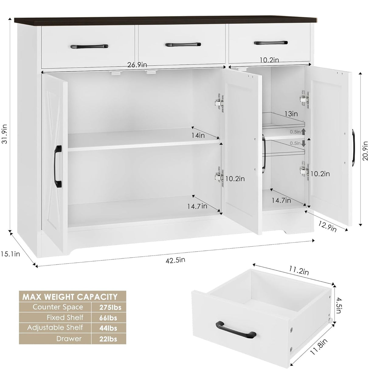 HOSTACK Modern Farmhouse Buffet Sideboard Cabinet, Barn Doors Storage Cabinet with Drawers and Shelves, Wood Coffee Bar Cabinet with Storage for Dining Room, Kitchen, Living Room, White/Black HOSTACK