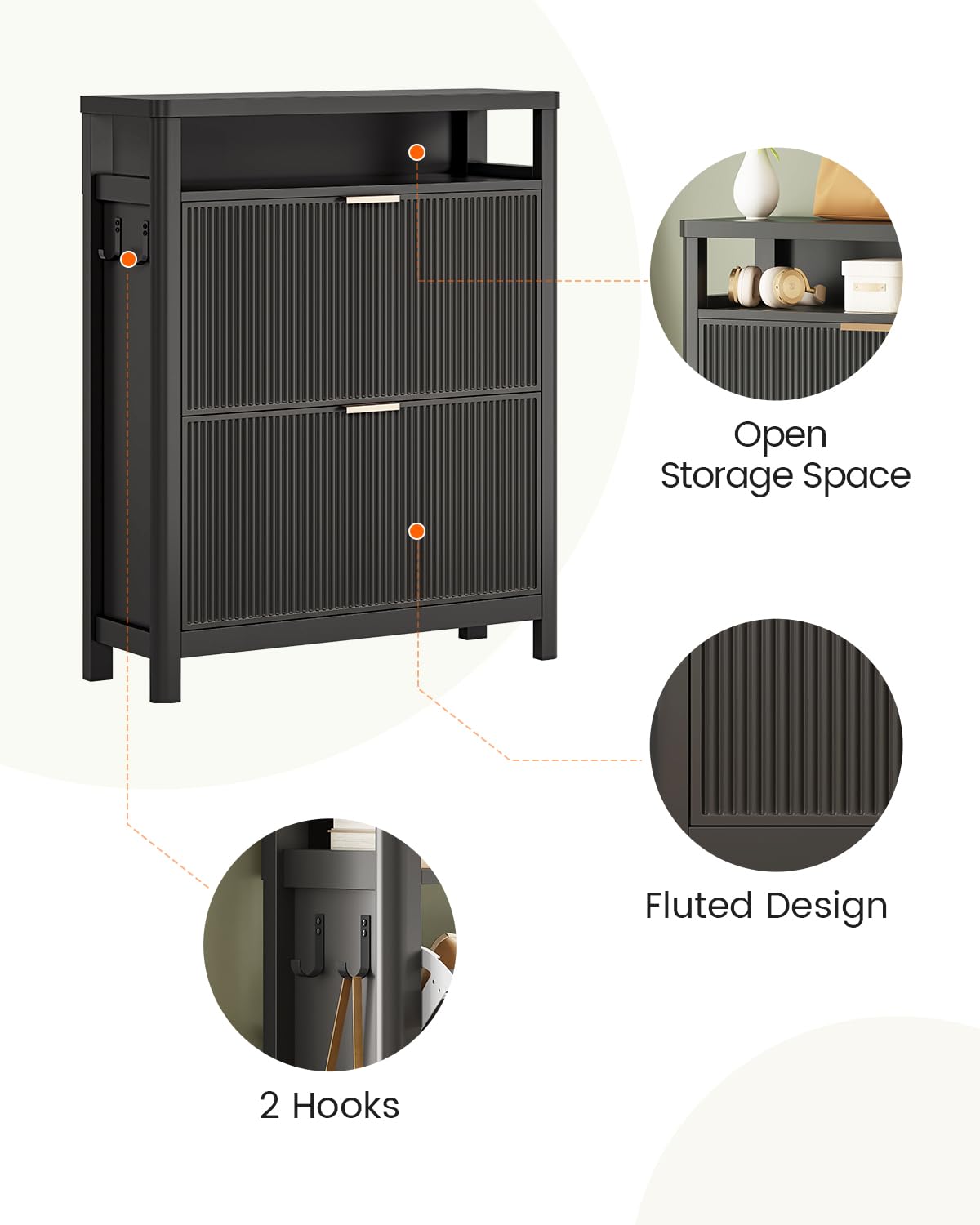 AOGLLATI Shoe Cabinet Storage,Narrow Fluted Shoe Rack Cabinet with 2 Flip Drawers, Wooden Freestanding Organizer with Open Storage Space for Entryway,Black AOGLLATI