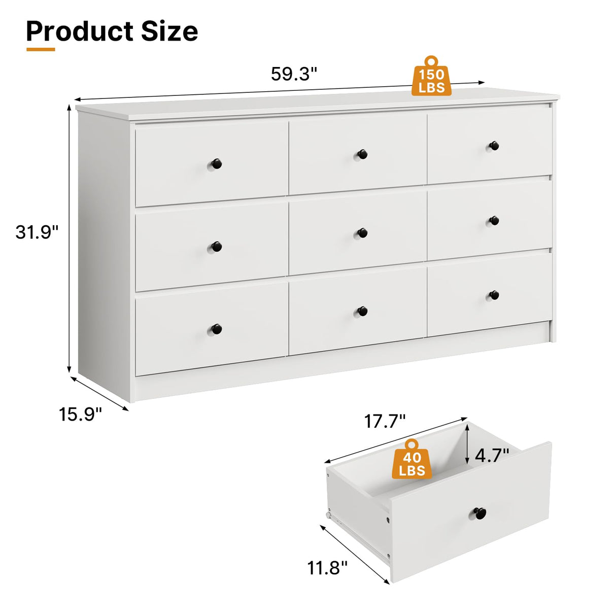 Tradare 9 Drawer Dresser for Bedroom, 59" Wide White Chest of Drawers, Wooden Dresser with 9 Drawers with Ample Storage, Modern Storage Organizer for Hallway,Nursery Tradare