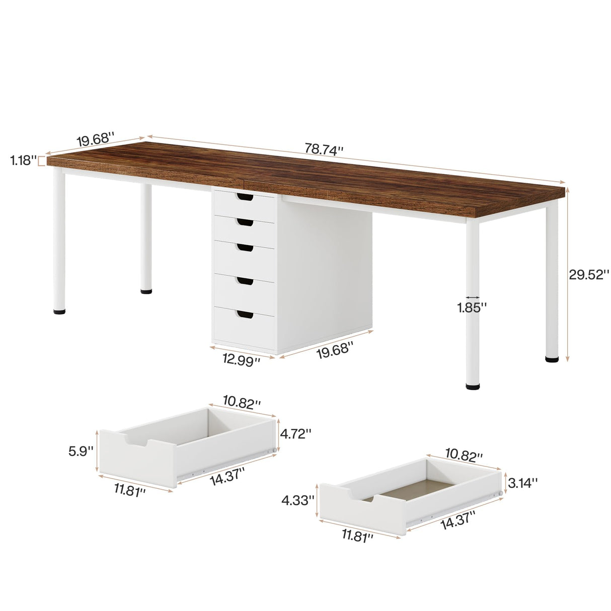 Tribesigns Two Person Computer Desk with 5 Drawers, 78.7 Inches Extra Long Double Office Desk, Modern Simple Double Computer Desk Study Writing Table Workstation for Home Office(Brown/White) Tribesigns