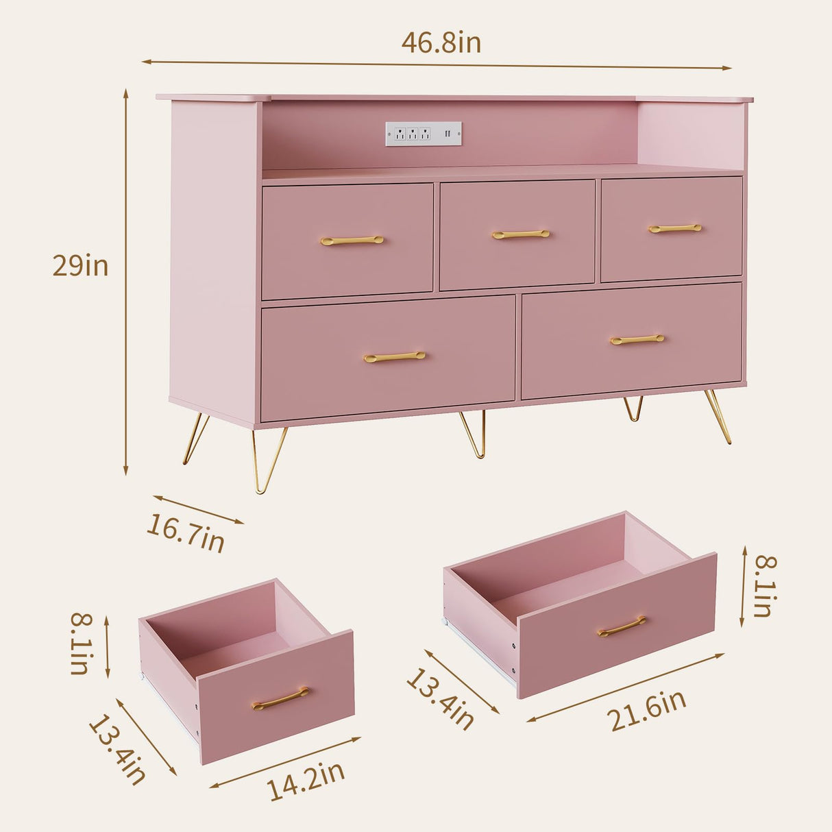 Patikuin Pink Dresser for Bedroom, 47" Wide Chest of Drawers with LED Lights, Charging Station & 5 Smooth-Sliding Drawers, Modern Wood Storage Cabinet for Entryway, Hallway, Living Room Patikuin