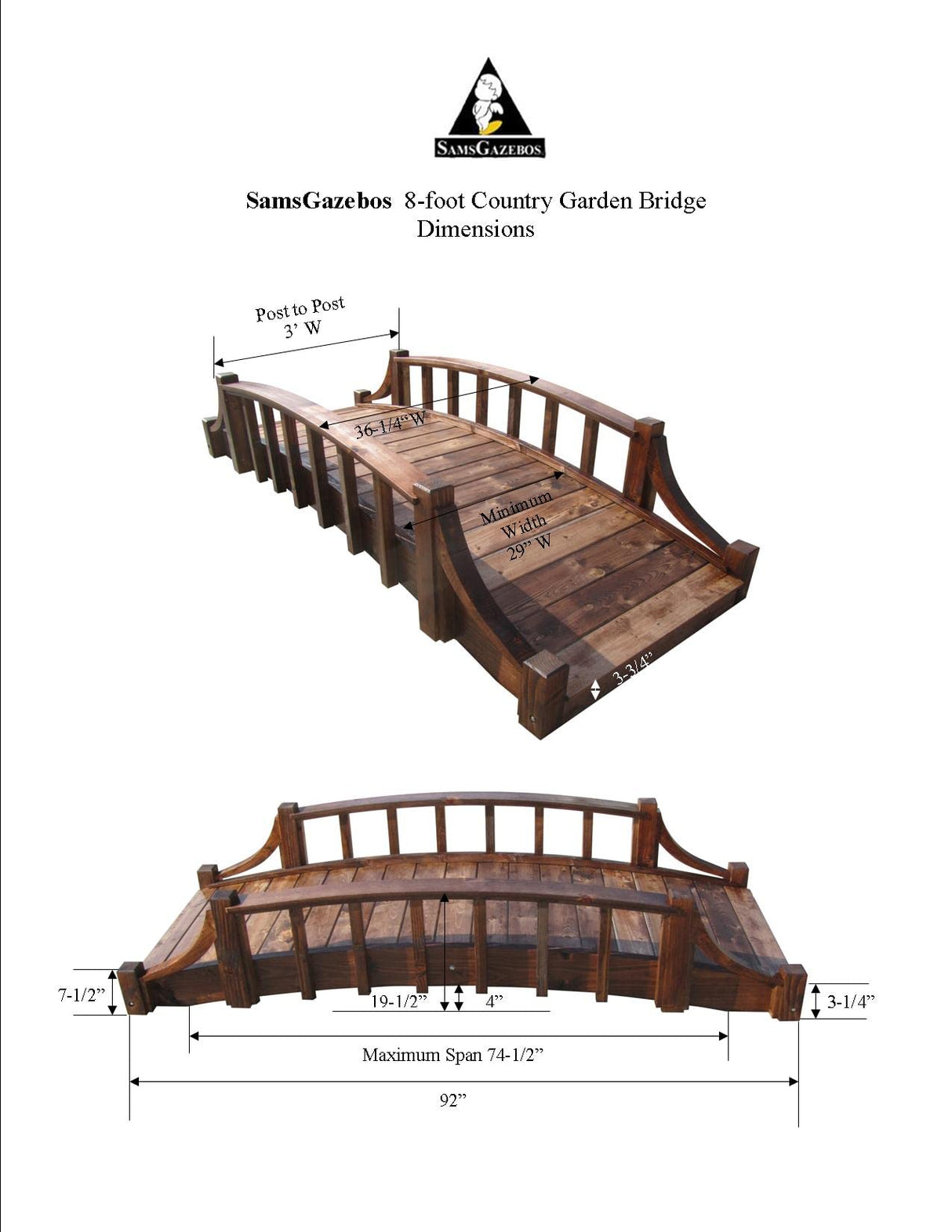 SamsGazebos Country Wood Garden Bridge, 8', Brown SamsGazebos