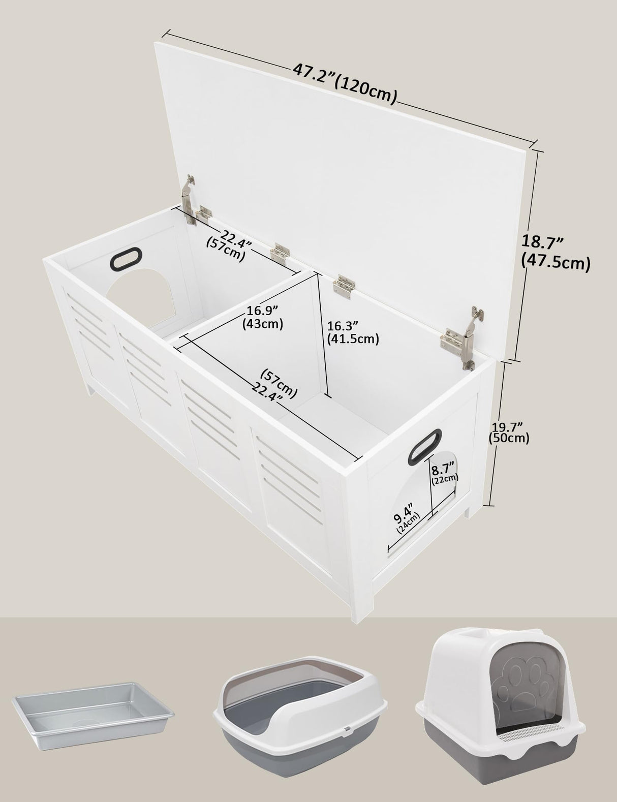 DINZI LVJ Litter Box Enclosure Furniture for 2 Cats, Top Opening Hidden Litter Box with Double Rooms, Dual Cat House with Good Ventilation, 47.2" Wooden Cat Washroom, White DINZI LVJ