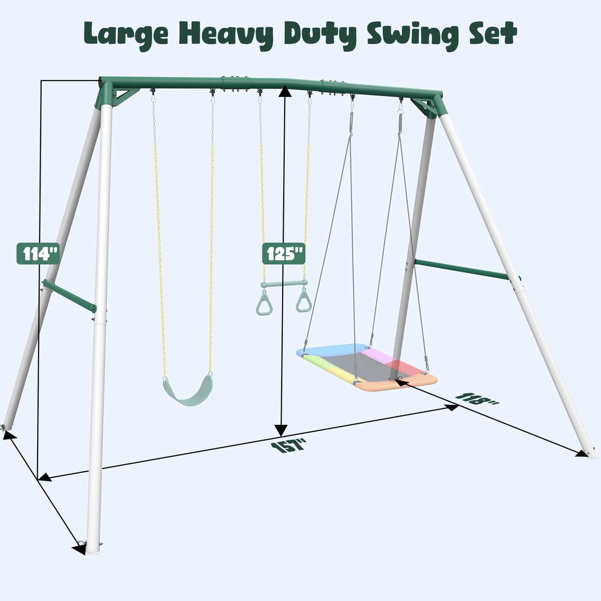 Hapfan 9.5' Tall Swing Sets for Backyard with Platform Swing, Heavy Duty Metal Swingset Outdoor for Kids with Trapeze Swing Bar, Belt Swing and Rectangle Swing Hapfan