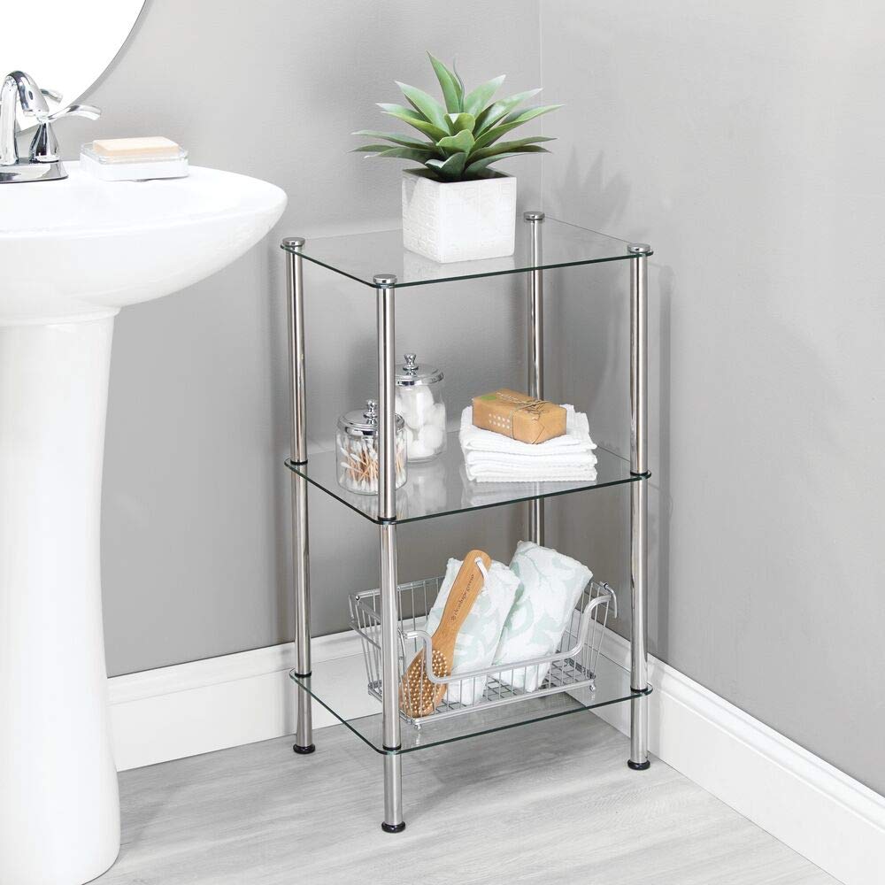 mDesign Metal/Glass 3-Tier Storage Tower, Narrow Shelving Display Unit, Open Glass Shelves; Multi-Use Stand for Living Room, Bathroom, Home Office, Hallway, Bedroom Organization - Chrome/Clear mDesign