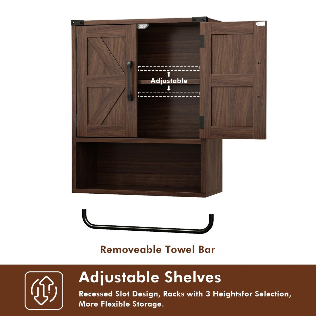 RUSTOWN Farmhouse Wall Storage Cabinet with Two Barn Door, Rustic Mounted Medicine Cabinet with Adjustable Shelf and Towel Bar, 3-Tier Wood Cabinet for Kitchen, Bathroom, Living Room (Dark Walnut) RUSTOWN