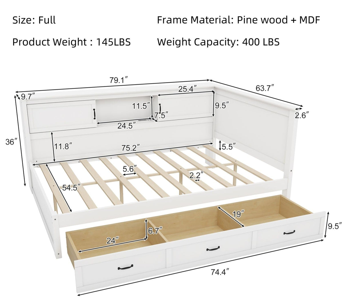 Merax Full Size Corner Bed Frames with Storage Drawers, USB Port, Led Downlight Headboard & Bookcase, Wooden L-Shaped Captain Daybed for Small Room, Bedroom, Guest Room, kids'Room, White Merax