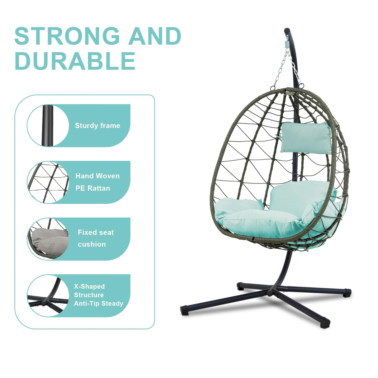 Egg Chair Indoor Outdoor, Foldable Hanging Egg Chair with Stand, Patio Swing Egg Chairs, UV Resistant Removable &Washable Thicken Padded Cushions, 350LBS Capacity for Bedroom, Balcony Blue HiDSLiving