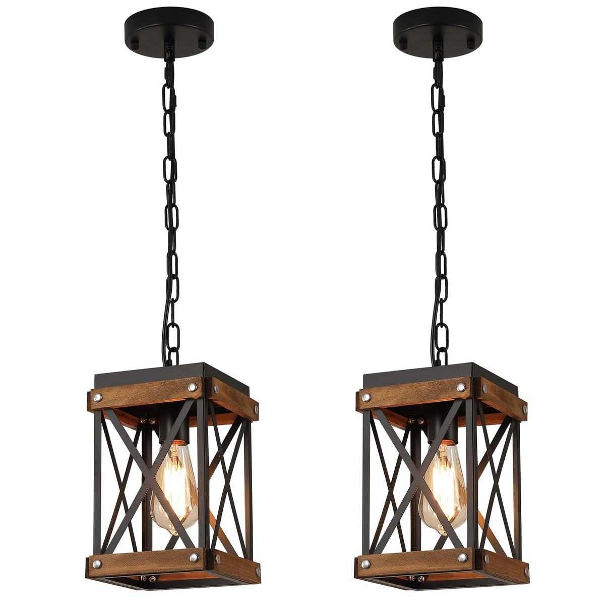 2 Pack Rustic Farmhouse Wood Pendant Light Fixture One-Light Adjustable Chain Oak Wood and Metal Lantern Cage Small Pendant Lighting for Kitchen Island Sink Hallway Farmhouse Bathroom Bar, Black RKUCSR