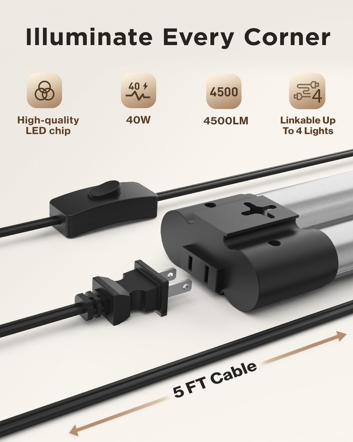 Sunco 12 Pack Linkable LED Utility Shop Light, 4500 LM, 5000K Daylight, 4 FT, 48 Inch Integrated Fixture for Garage, 40W Equivalent 150W, Surface + Suspension Mount, Black Sunco Lighting