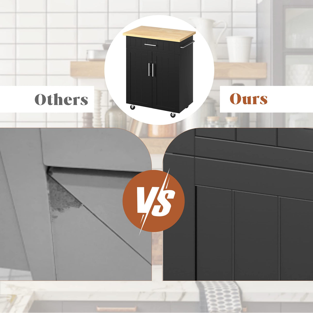 SUNLEI Kitchen Island on Wheels with Storage Cabinet & Drawer, 26" Width Rolling Kitchen Table, Cart Handle for Towel Rack or Free Mobility, Portable Islands for Kitchen, Dining Room(Black) SUNLEI