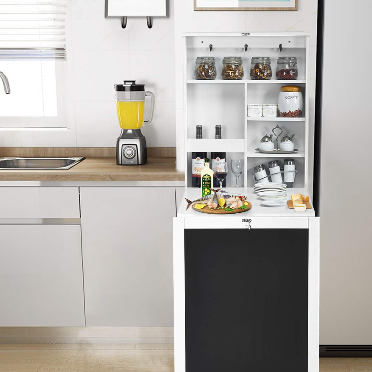 IFANNY Folding Wall Desk, Wall Mounted Fold Out Desk with Storage Shelves & Hooks, Hideaway Desk Wall Mount with Chalkboard, Floating Corner Desk for Small Spaces (White) IFANNY