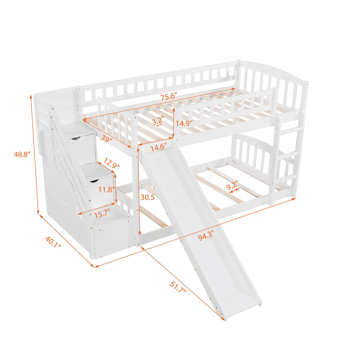 Bunk Beds with Slide Twin Over Twin Low Bunk Bed Frame with Storage Drawers Stairway Wood Bunk Bed for Kids Boys Girls, White Bellemave