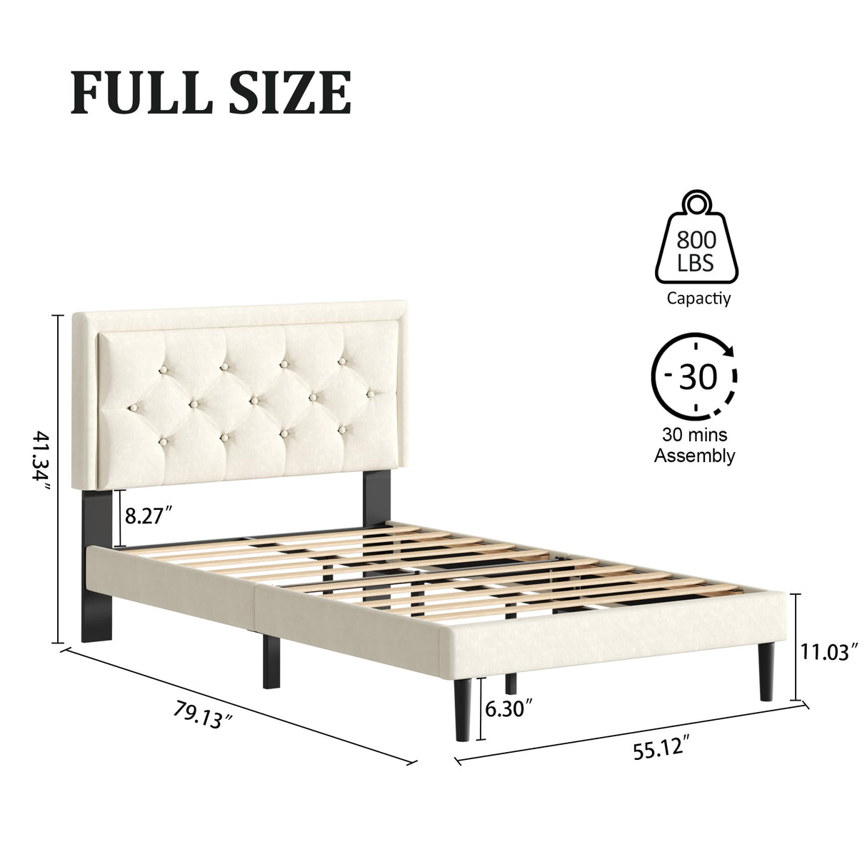 CXVX Full Size Platform Bed Frame with Upholstered Velvet Button Tufted Headboard, Mattress Foundation with Wooden Slat Support, No Box Spring Needed, Easy Assembly, Noise Free, Beige CXVX