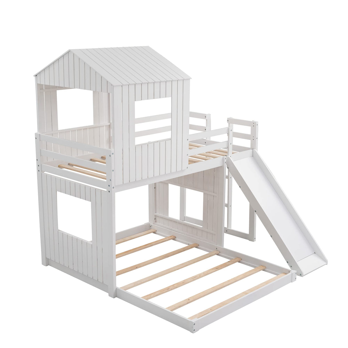 Harper & Bright Designs Twin Over Full Playhouse Bunk Bed with Slide and Roof in White Harper & Bright Designs