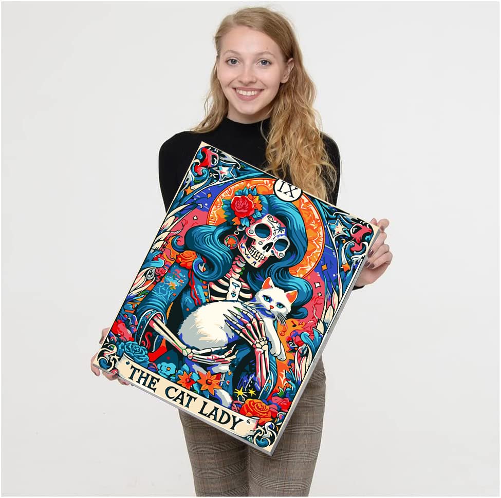 VIGEGU Skull Cat Paint by Numbers Kit for Adults with Framed - Cat Lady Paint by Number with Wooden Easel DIY Adult Paint by Number Kits Box Pack Acrylic Oil Painting for Wall Decor 9.5x12in VIGEGU