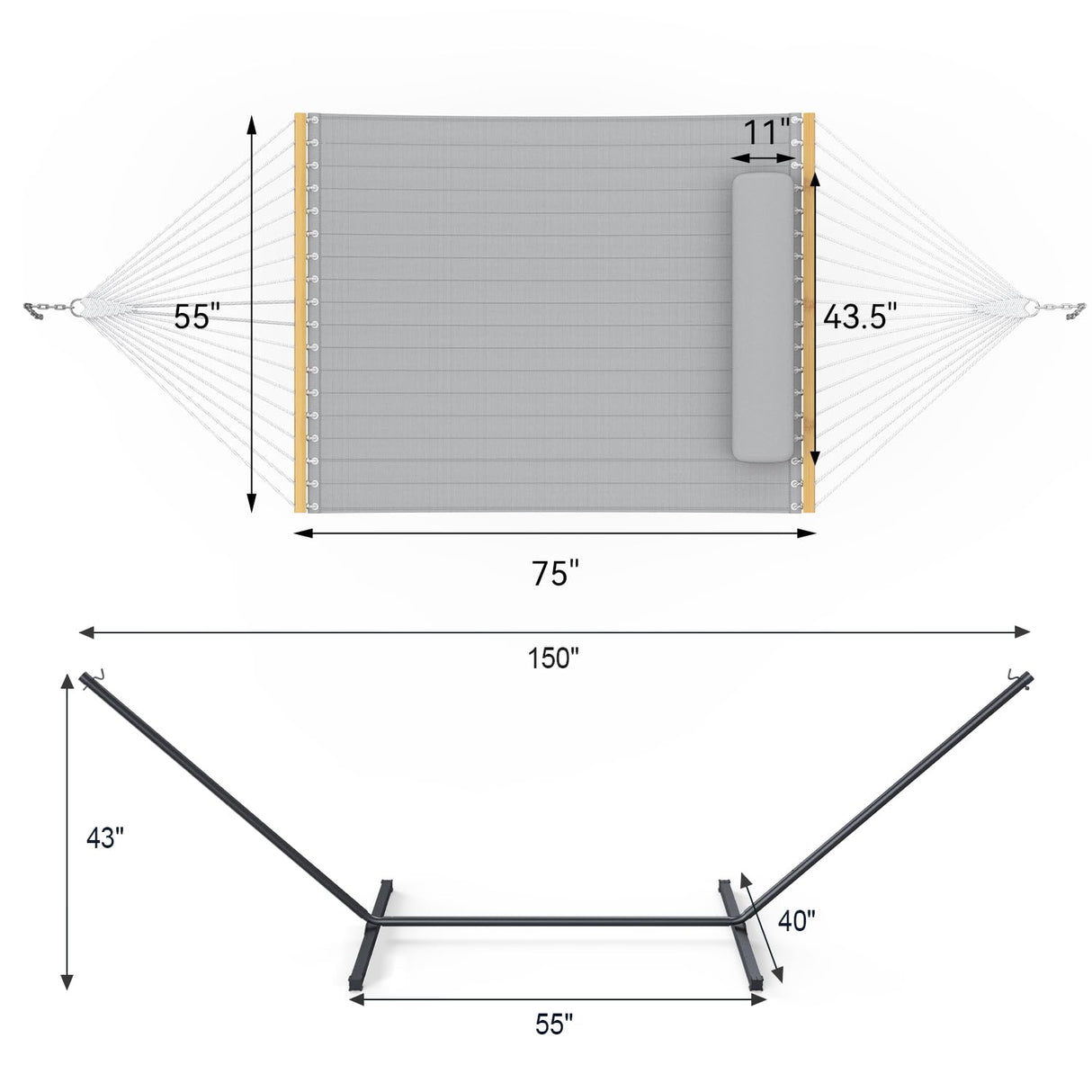 Everyfun Double Hammock with Stand, 2 Person Cotton Rope Hammock with Removable Polyester Pad, 500LBS Capacity, Portable & Adjustable Design, Includes Storage Bag, Indoor Outdoor Use,Dark-Gray Everyfun