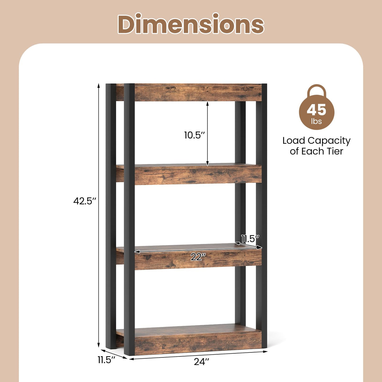Giantex 4-Tier Bookshelf, Wooden Bookcase with Dual Anti-Tipping Kits, Freestanding Shelving Unit, Modern Storage Organizer, Open Display Rack for Living Room, Bedroom, Study (1,Rustic Brown & Black) Giantex