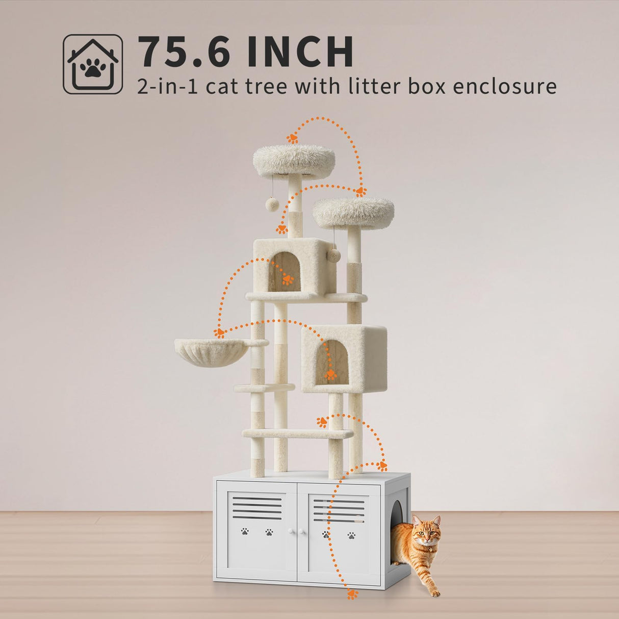 75.6-Inch Tall Cat Tree with Litter Box Enclosure 2-in-1 Modern Large Cat Tower for Indoor Cats with Double Condos/Scratching Posts/Hammock/Plush Perches, Cats Hidden Litter Box Furniture, White Sunvasagoo