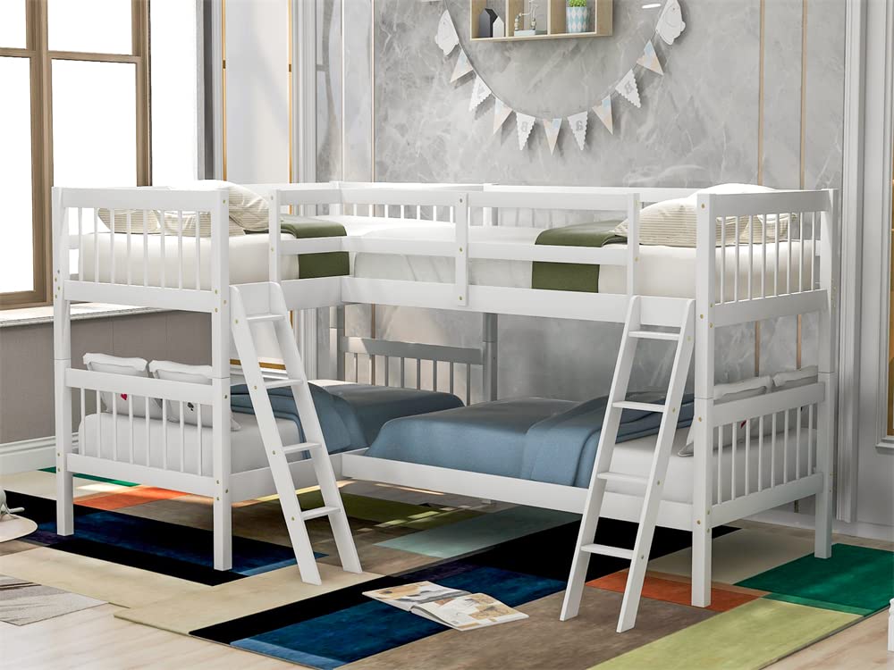 Four Bed, Twin Over Twin L-Shaped Bunk Bed with 2 Ladders, Wooden Corner Bunk Beds for 4 Person, Quad Bunk Bed with Angle Ladder and Guardrail for Children Teens Adults, No Box Spring Needed,White TRIPLE TREE