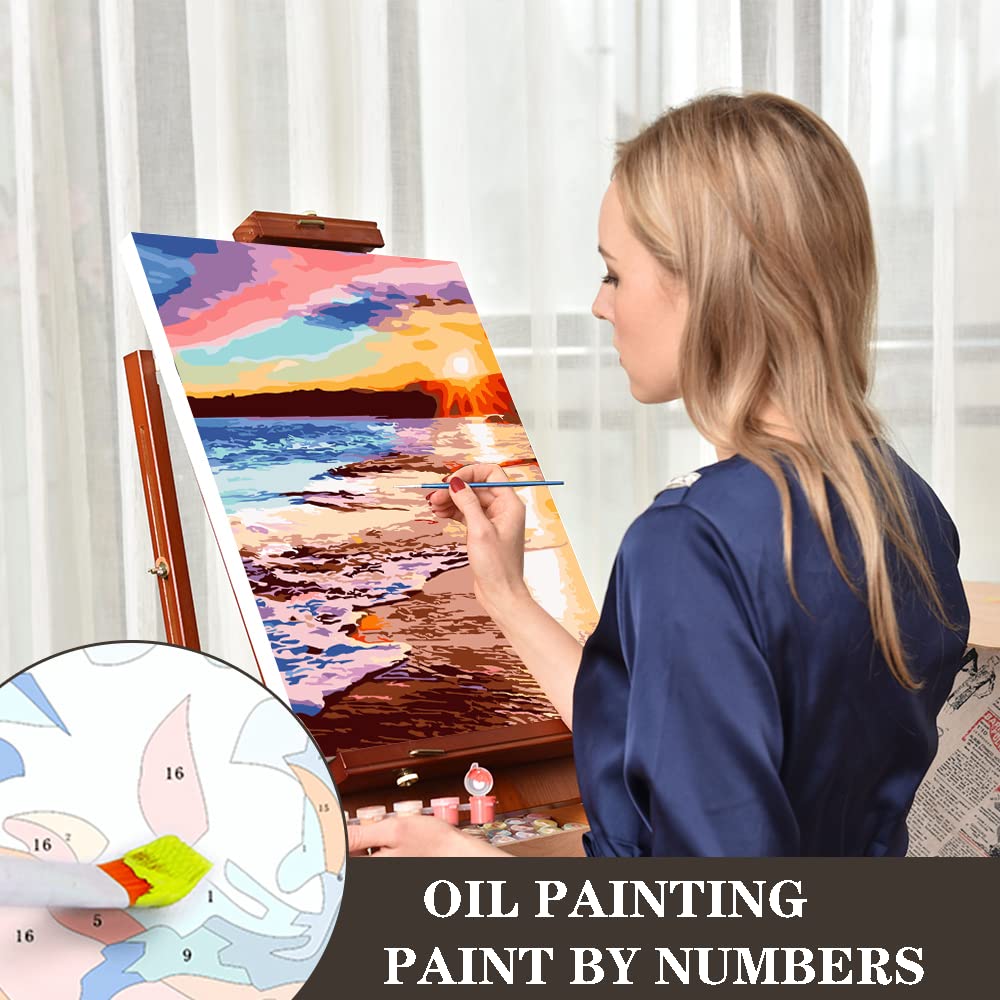 Paint By Numbers for Adults - DIY Adult Paint by Number Kits Pack On Canvas Sunset Beach Painting by Numbers for Beginners,Acrylic Paint Boat On Mountains Lake Crafts for Home Decor (11.8x15.8inch) LWZAYS