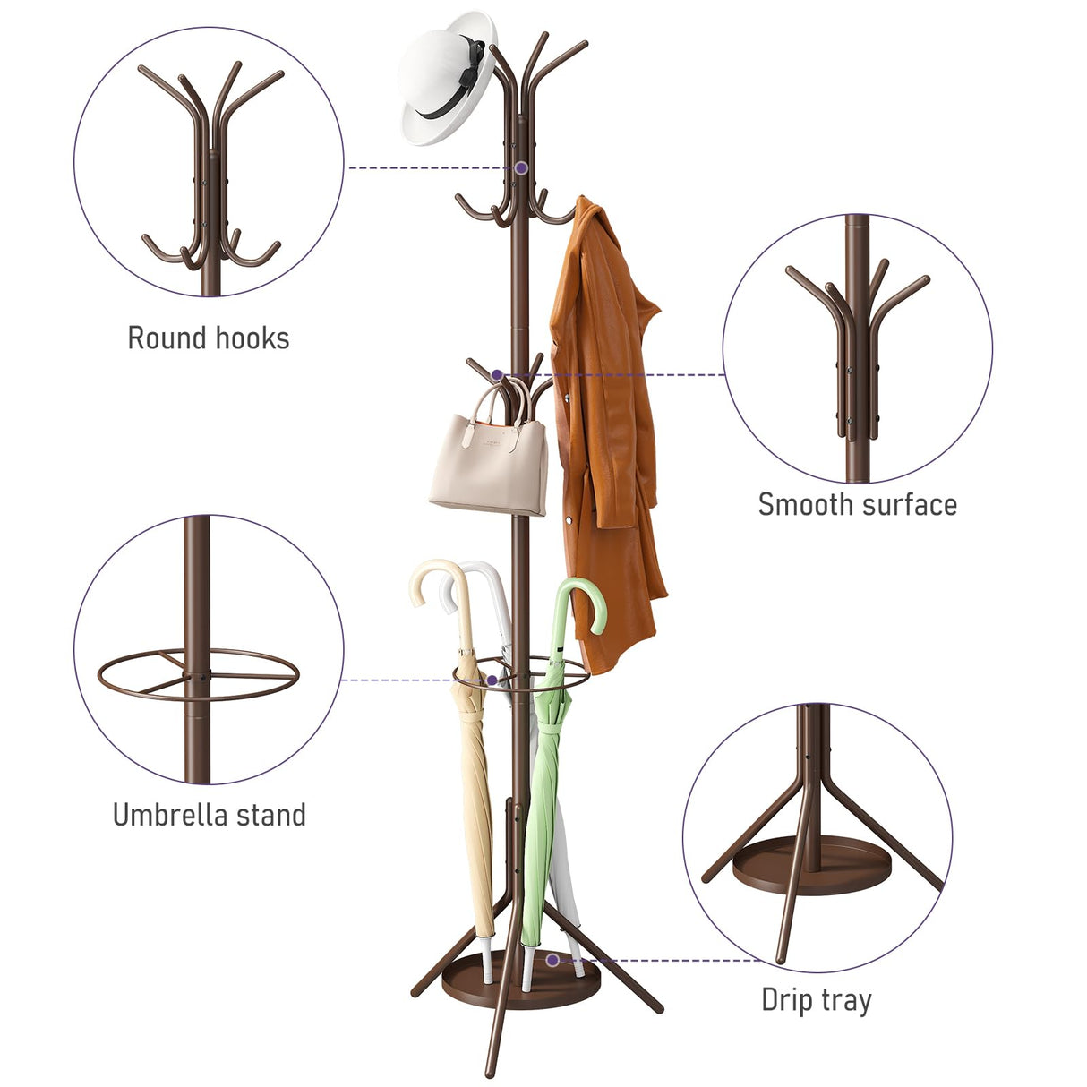 Wieghda Coat Rack Freestanding,Entryway Hanger Stand,Umbrella Holder,Hall Tree With 12 Hooks, Floor Standing Metal Tree Stand,brown Wieghda